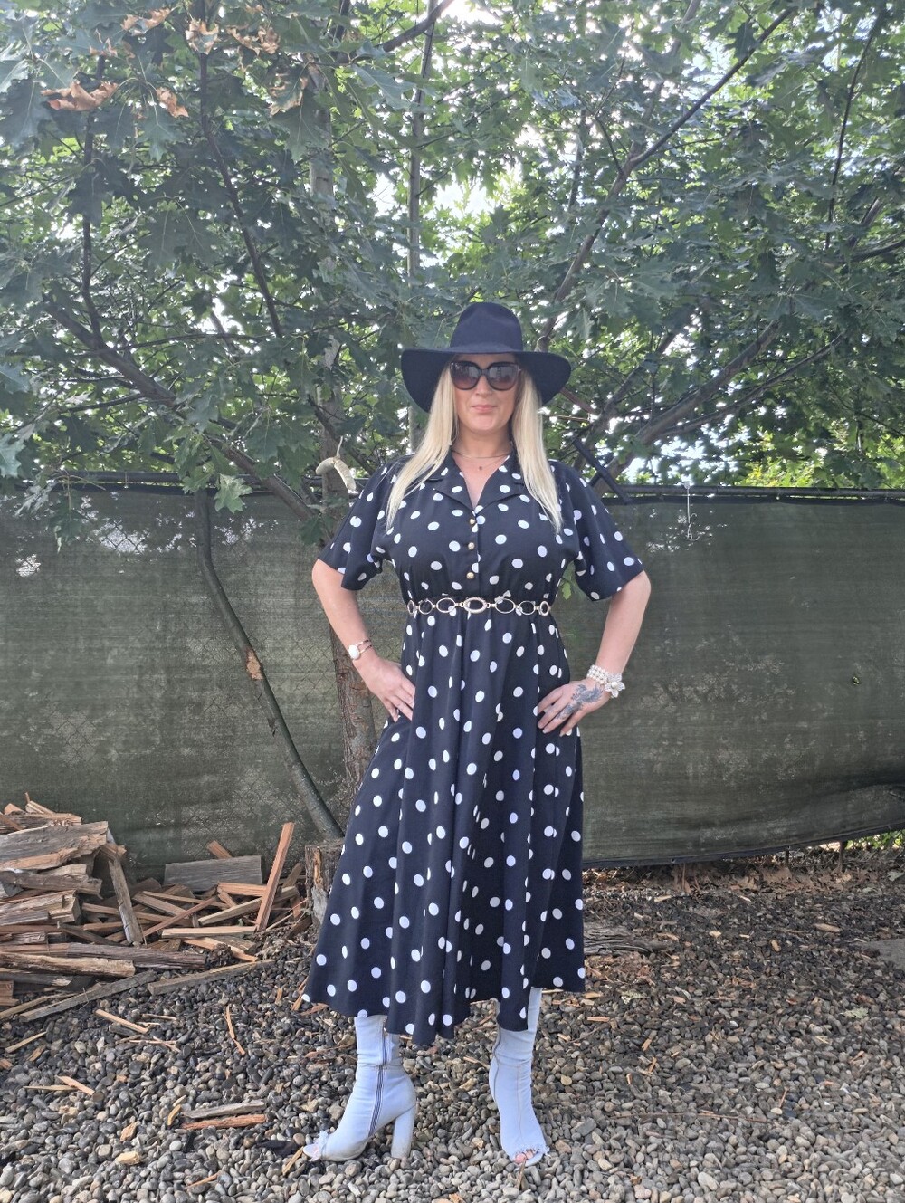 Vtg 80's Black White Polka Dot Midi Dress Retro Revival Rockabilly Pin-up Preppy